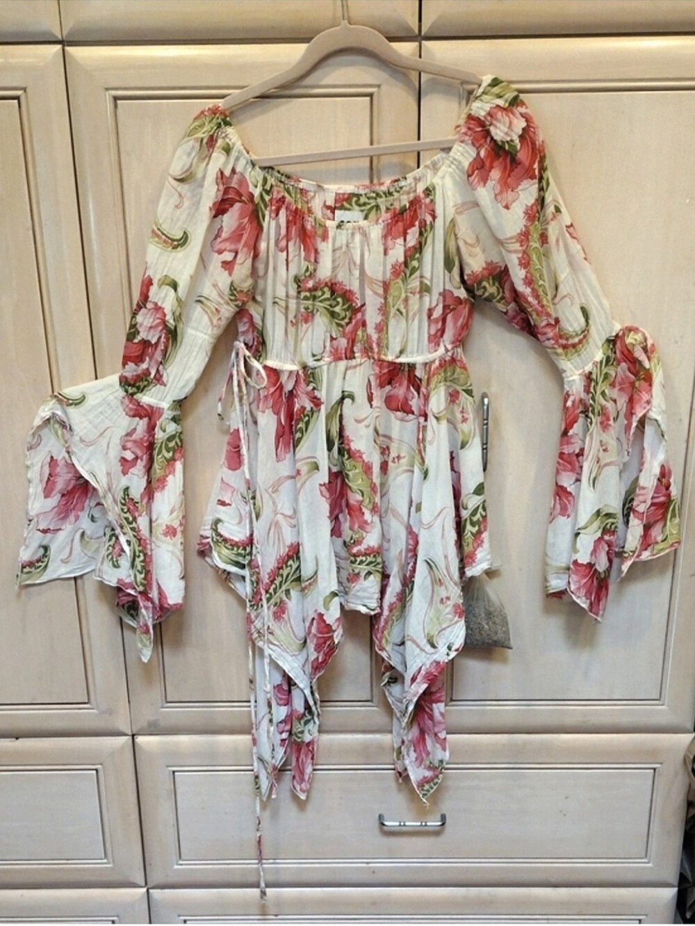 Floral Fairy Peasant Blouse in White, Pink and Green